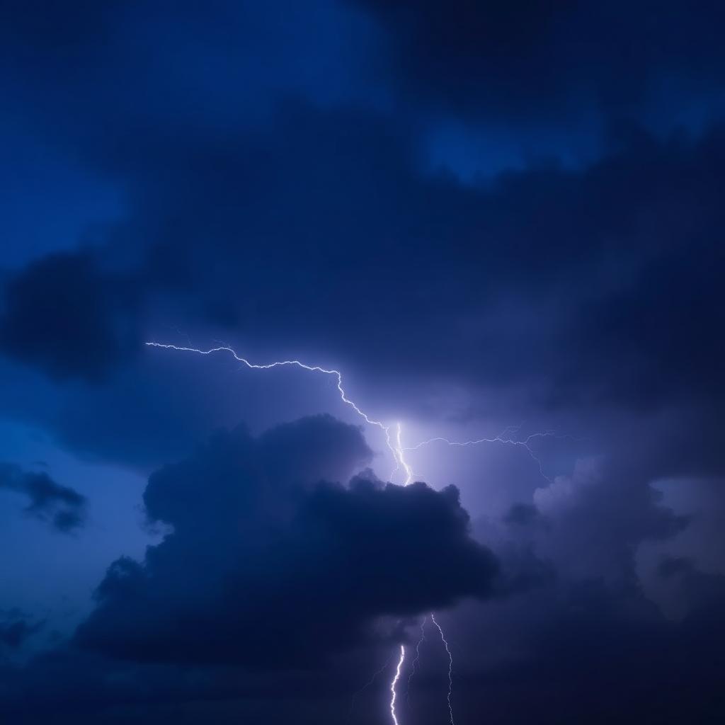 Lightning through indigo storm clouds